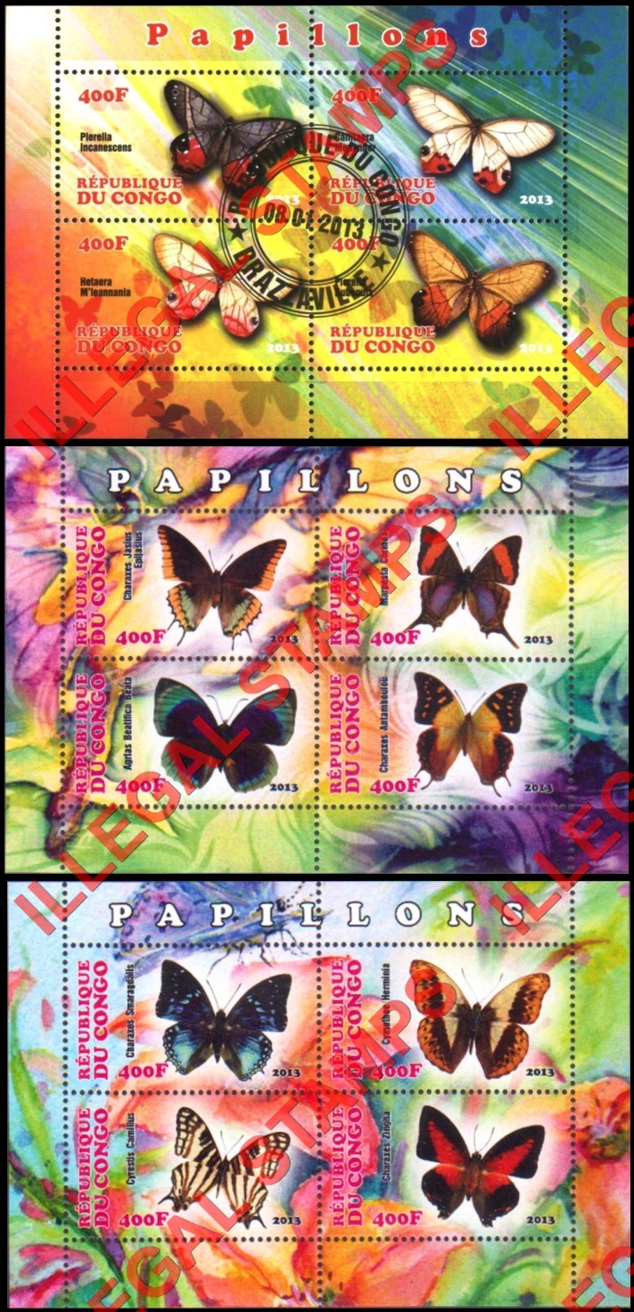 Congo Republic 2013 Butterflies Illegal Stamp Souvenir Sheets of 4 Congo Republic 2013 Butterflies Illegal Stamp Souvenir Sheets of 4